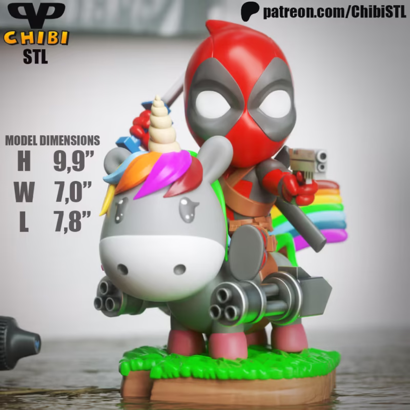 Deadpool on Unicorn Chibi 3D Model - Chibi DeadPool Marvel STL File