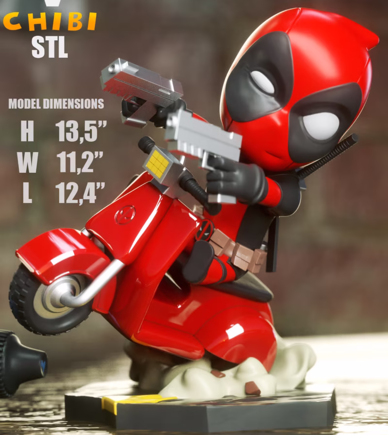 Deadpool on Vespa Chibi 3D Model - Chibi DeadPool Marvel STL File